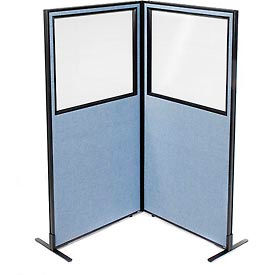 Global Industrial 695023BL Interion® Freestanding 2-Panel Corner Room Divider w/Partial Window 36-1/4"W x 72"H Panels Blue image.