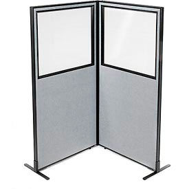 Global Industrial 695023GY Interion® Freestanding 2-Panel Corner Room Divider w/Partial Window 36-1/4"W x 72"H Panels Gray image.