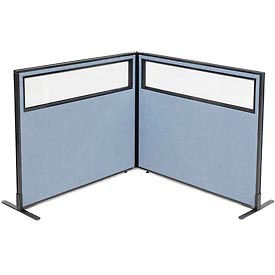 Global Industrial 695024BL Interion® Freestanding 2-Panel Corner Room Divider w/Partial Window 48-1/4"W x 42"H Panels Blue image.