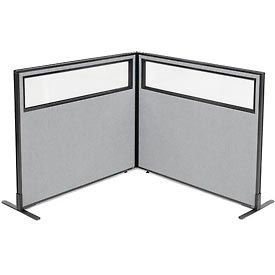 Global Industrial 695024GY Interion® Freestanding 2-Panel Corner Room Divider w/Partial Window 48-1/4"W x 42"H Panels Gray image.