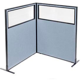 Global Industrial 695025BL Interion® Freestanding 2-Panel Corner Room Divider w/Partial Window 48-1/4"W x 60"H Panels Blue image.