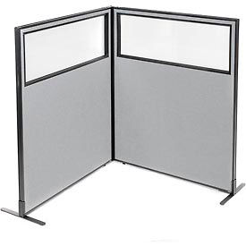 Global Industrial 695025GY Interion® Freestanding 2-Panel Corner Room Divider w/Partial Window 48-1/4"W x 60"H Panels Gray image.