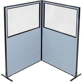 Global Industrial 695026BL Interion® Freestanding 2-Panel Corner Room Divider w/Partial Window 48-1/4"W x 72"H Panels Blue image.