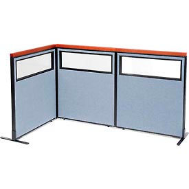 Global Industrial 695035BL Interion® Deluxe Freestanding 3-Panel Corner Divider w/Partial Window 36-1/4"W x 43-1/2"H Blue image.