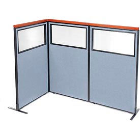 Global Industrial 695036BL Interion® Deluxe Freestanding 3-Panel Corner Divider w/Partial Window 36-1/4"W x 61-1/2"H Blue image.