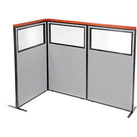 Global Industrial 695036GY Interion® Deluxe Freestanding 3-Panel Corner Divider w/Partial Window 36-1/4"W x 61-1/2"H Gray image.