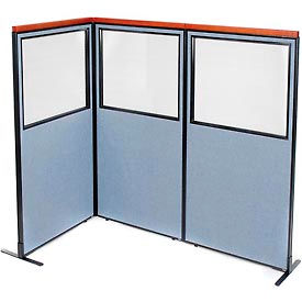 Global Industrial 695037BL Interion® Deluxe Freestanding 3-Panel Corner Divider w/Partial Window 36-1/4"W x 73-1/2"H Blue image.