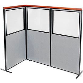 Global Industrial 695037GY Interion® Deluxe Freestanding 3-Panel Corner Divider w/Partial Window 36-1/4"W x 73-1/2"H Gray image.