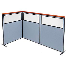 Global Industrial 695039BL Interion® Deluxe Freestanding 3-Panel Corner Divider w/Partial Window 48-1/4"W x 61-1/2"H Blue image.