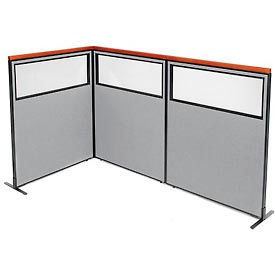 Global Industrial 695039GY Interion® Deluxe Freestanding 3-Panel Corner Divider w/Partial Window 48-1/4"W x 61-1/2"H Gray image.