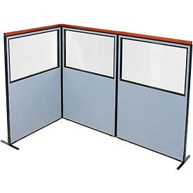 Global Industrial 695040BL Interion® Deluxe Freestanding 3-Panel Corner Divider w/Partial Window 48-1/4"W x 73-1/2"H Blue image.