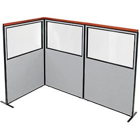 Global Industrial 695040GY Interion® Deluxe Freestanding 3-Panel Corner Divider w/Partial Window 48-1/4"W x 73-1/2"H Gray image.