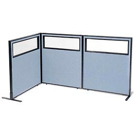 Global Industrial 695043BL Interion® Freestanding 3-Panel Corner Room Divider w/Partial Window 36-1/4"W x 42"H Panels Blue image.