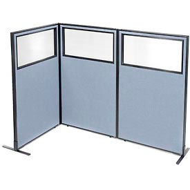 Global Industrial 695044BL Interion® Freestanding 3-Panel Corner Room Divider w/Partial Window 36-1/4"W x 60"H Panels Blue image.