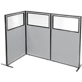 Global Industrial 695044GY Interion® Freestanding 3-Panel Corner Room Divider w/Partial Window 36-1/4"W x 60"H Panels Gray image.