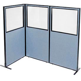 Global Industrial 695045BL Interion® Freestanding 3-Panel Corner Room Divider w/Partial Window 36-1/4"W x 72"H Panels Blue image.