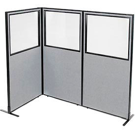 Global Industrial 695045GY Interion® Freestanding 3-Panel Corner Room Divider w/Partial Window 36-1/4"W x 72"H Panels Gray image.