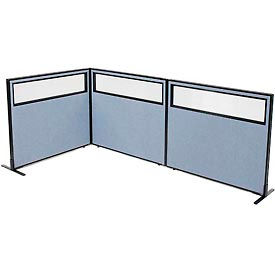 Global Industrial 695046BL Interion® Freestanding 3-Panel Corner Room Divider w/Partial Window 48-1/4"W x 42"H Panels Blue image.