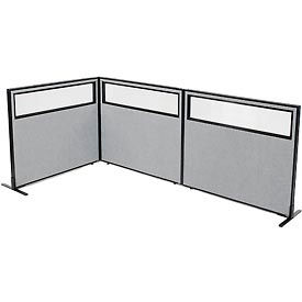 Global Industrial 695046GY Interion® Freestanding 3-Panel Corner Room Divider w/Partial Window 48-1/4"W x 42"H Panels Gray image.