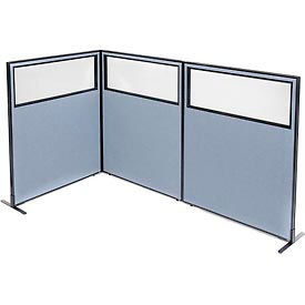 Global Industrial 695047BL Interion® Freestanding 3-Panel Corner Room Divider w/Partial Window 48-1/4"W x 60"H Panels Blue image.