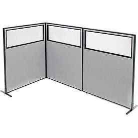 Global Industrial 695047GY Interion® Freestanding 3-Panel Corner Room Divider w/Partial Window 48-1/4"W x 60"H Panels Gray image.