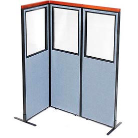 Global Industrial 695086BL Interion® Deluxe Freestanding 3-Panel Corner Divider w/Partial Window 24-1/4"W x 73-1/2"H Blue image.