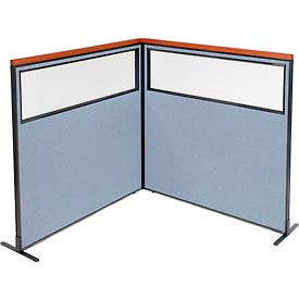 Global Industrial 695099BL Interion® Deluxe Freestanding 2-Panel Corner Divider w/Partial Window 60-1/4"W x 61-1/2"H Blue image.