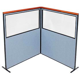 Global Industrial 695100BL Interion® Deluxe Freestanding 2-Panel Corner Divider w/Partial Window 60-1/4"W x 73-1/2"H Blue image.