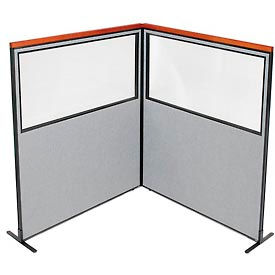 Global Industrial 695100GY Interion® Deluxe Freestanding 2-Panel Corner Divider w/Partial Window 60-1/4"W x 73-1/2"H Gray image.
