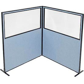 Global Industrial 695105BL Interion® Freestanding 2-Panel Corner Room Divider w/Partial Window 60-1/4"W x 72"H Panels Blue image.