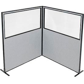 Global Industrial 695105GY Interion® Freestanding 2-Panel Corner Room Divider w/Partial Window 60-1/4"W x 72"H Panels Gray image.
