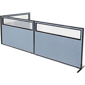 Global Industrial 695116BL Interion® Freestanding 3-Panel Corner Room Divider w/Partial Window 60-1/4"W x 42"H Panels Blue image.