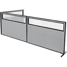 Global Industrial 695116GY Interion® Freestanding 3-Panel Corner Room Divider w/Partial Window 60-1/4"W x 42"H Panels Gray image.