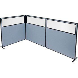 Global Industrial 695117BL Interion® Freestanding 3-Panel Corner Room Divider w/Partial Window 60-1/4"W x 60"H Panels Blue image.
