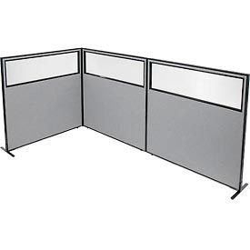 Global Industrial 695117GY Interion® Freestanding 3-Panel Corner Room Divider w/Partial Window 60-1/4"W x 60"H Panels Gray image.