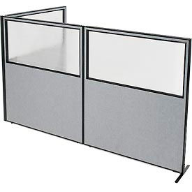 Global Industrial 695118GY Interion® Freestanding 3-Panel Corner Room Divider w/Partial Window 60-1/4"W x 72"H Panels Gray image.