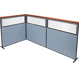 Global Industrial 695112BL Interion® Deluxe Freestanding 3-Panel Corner Divider w/Partial Window 60-1/4"W x 61-1/2"H Blue image.