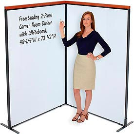 Global Industrial 695166B Interion® Deluxe Freestanding 2-Panel Corner Room Divider with Whiteboard, 48-1/4"W x 73-1/2"H image.