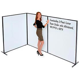 Global Industrial 695169B Interion® Freestanding 3-Panel Corner Room Divider with Whiteboard, 48-1/4"W x 60"H image.