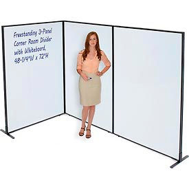 Global Industrial 695170B Interion® Freestanding 3-Panel Corner Room Divider with Whiteboard, 48-1/4"W x 72"H image.