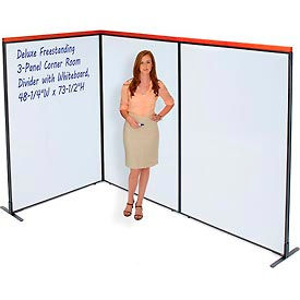 Global Industrial 695174B Interion® Deluxe Freestanding 3-Panel Corner Room Divider with Whiteboard, 48-1/4"W x 73-1/2"H image.