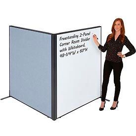 Global Industrial 695161BL Interion® Freestanding 2-Panel Corner Room Divider with Whiteboard, 48-1/4"W x 60"H, Blue image.
