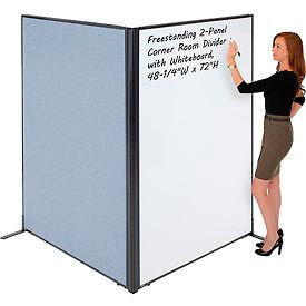 Global Industrial 695162BL Interion® Freestanding 2-Panel Corner Room Divider with Whiteboard, 48-1/4"W x 72"H, Blue image.