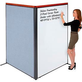 Global Industrial 695166BL Interion® Deluxe Freestanding 2-Panel Corner Room Divider w/Whiteboard 48-1/4"W x 73-1/2"H Blue image.