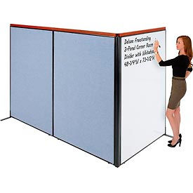 Global Industrial 695174BL Interion® Deluxe Freestanding 3-Panel Corner Room Divider w/Whiteboard 48-1/4"W x 73-1/2"H Blue image.