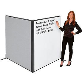 Global Industrial 695161GY Interion® Freestanding 2-Panel Corner Room Divider with Whiteboard, 48-1/4"W x 60"H, Gray image.