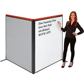 Global Industrial 695165GY Interion® Deluxe Freestanding 2-Panel Corner Room Divider w/Whiteboard 48-1/4"W x 61-1/2"H Gray image.