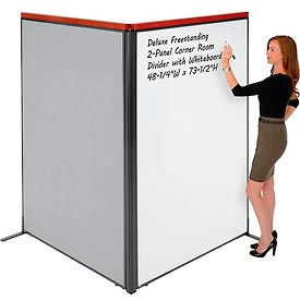 Global Industrial 695166GY Interion® Deluxe Freestanding 2-Panel Corner Room Divider w/Whiteboard 48-1/4"W x 73-1/2"H Gray image.