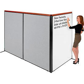 Global Industrial 695174GY Interion® Deluxe Freestanding 3-Panel Corner Room Divider w/Whiteboard 48-1/4"W x 73-1/2"H Gray image.