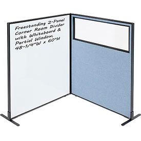 Global Industrial 695177BL Interion® 2-Panel Corner Room Divider with Whiteboard & Partial Window, 48-1/4"W x 60"H, Blue image.